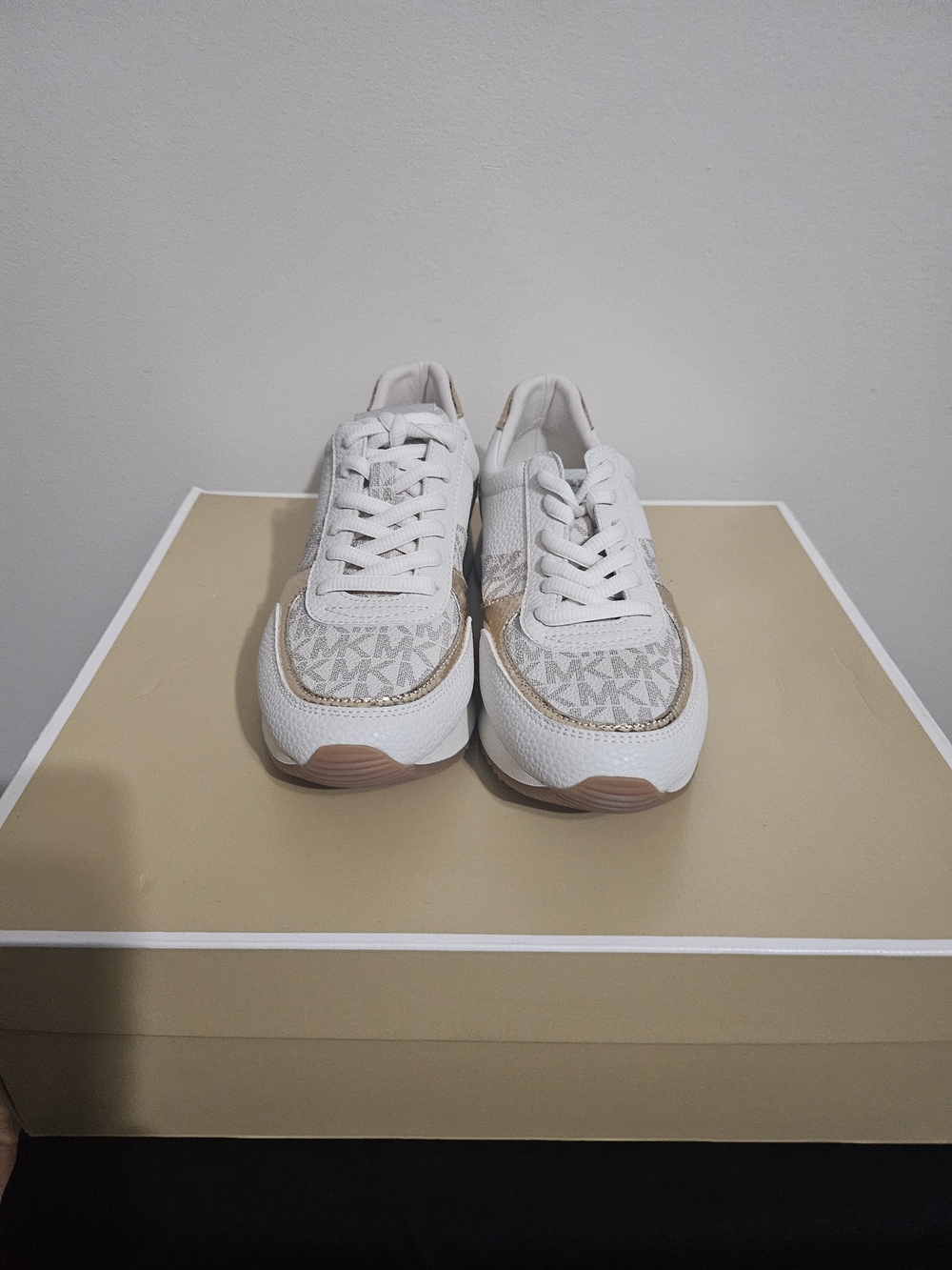 Michael Kors White and Beige Logo-Print Lace-Up Sneakers